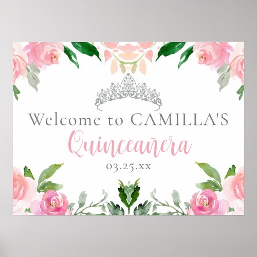Chic Pink Floral Quinceaera Party Welcome Poster
