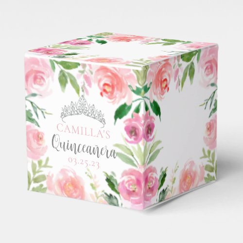 Chic Pink Floral Quinceaera Silver Tiara Party Favor Boxes