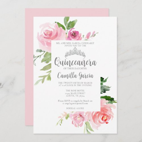 Chic Pink Floral Quinceaera Silver Tiara Party Invitation