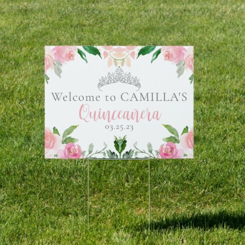 Chic Pink Floral Quinceaera Tiara Party Yard Sign