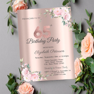 Chic Pink Floral Rose Gold 65th Birthday Party Invitation