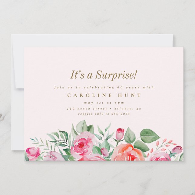 Chic Pink Floral Rose Surprise Birthday Party Invitation (Front)
