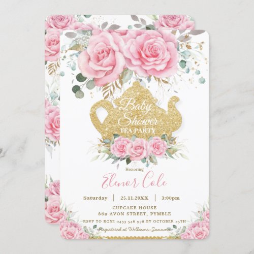 Chic Pink Floral Roses Baby Shower High Tea Party Invitation