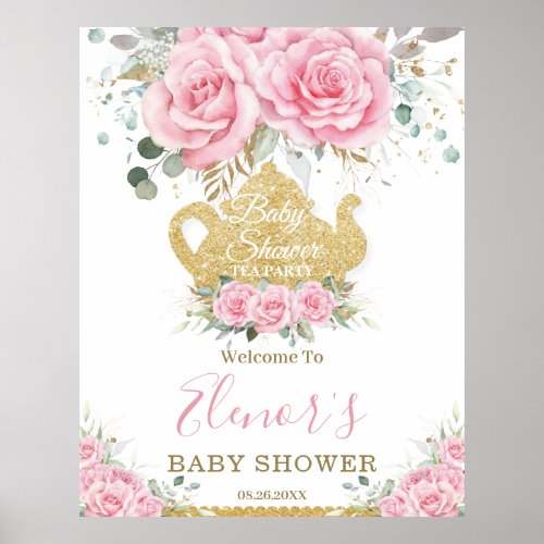 Chic Pink Floral Roses Baby Shower High Tea Party  Poster
