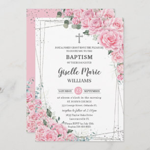 Chic Pink Floral Roses Silver Baptism Christening  Invitation