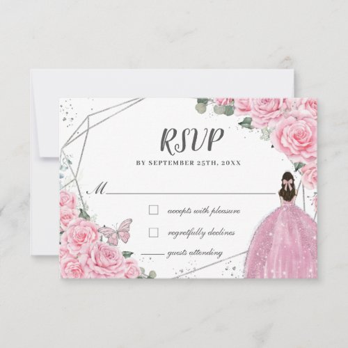 Chic Pink Floral Roses Silver Quinceaera Princess RSVP Card