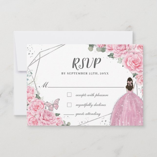 Chic Pink Floral Roses Silver Quinceañera Princess RSVP Card (Front)