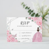 Chic Pink Floral Roses Silver Quinceañera Princess RSVP Card (Standing Front)