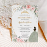 Chic Pink Floral Sage Green Princess Quinceañera Invitation<br><div class="desc">This chic Quinceañera invitation features a gold glitter geometric frame adorned by delicate watercolor blush pink floral and soft sage greenery foliage and a girl in a lovely sage green dress. Personalize it with your details easily and quickly, simply press the customise it button to further re-arrange and format the...</div>
