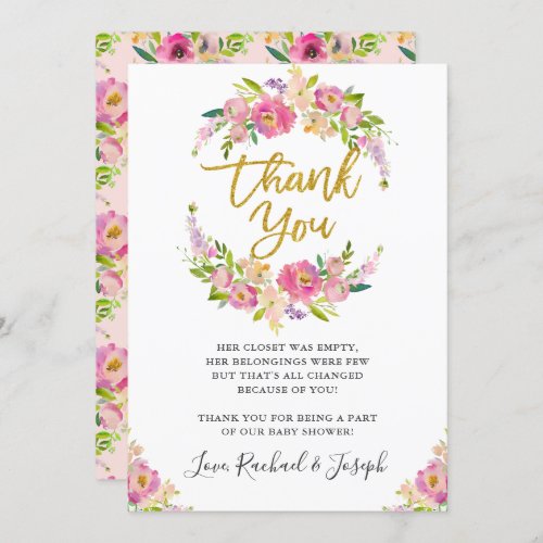Chic Pink Floral Script Baby Shower Thank You Card