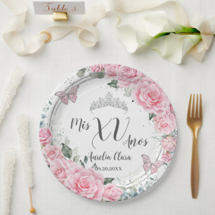 Chic Pink Floral Silver Butterflies Quinceañera XV Paper Plates