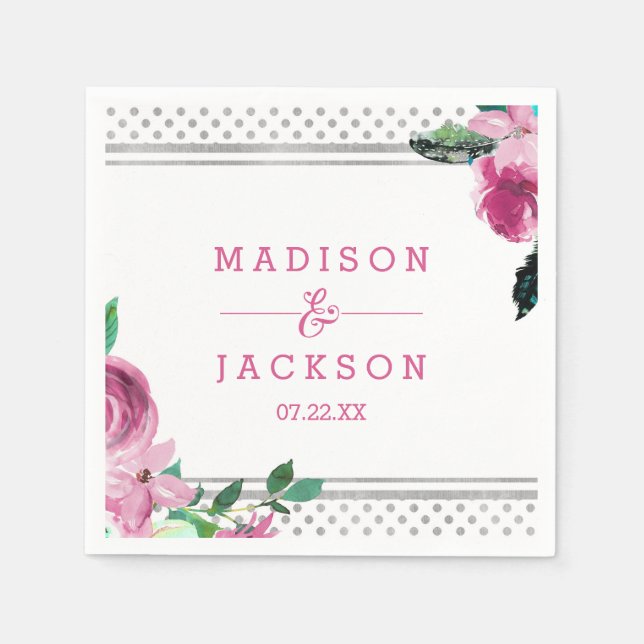 Chic Pink Floral & Silver Dots Monogram Wedding Paper Napkins (Front)