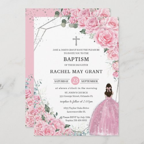 Chic Pink Floral Silver Girl Baptism Christening Invitation