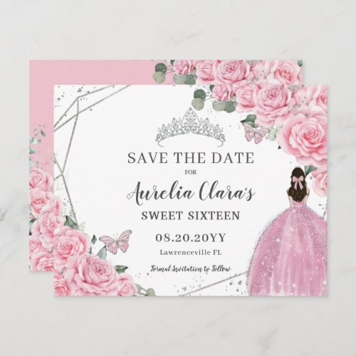 Chic Pink Floral Silver Quinceanera Sweet Sixteen Save The Date