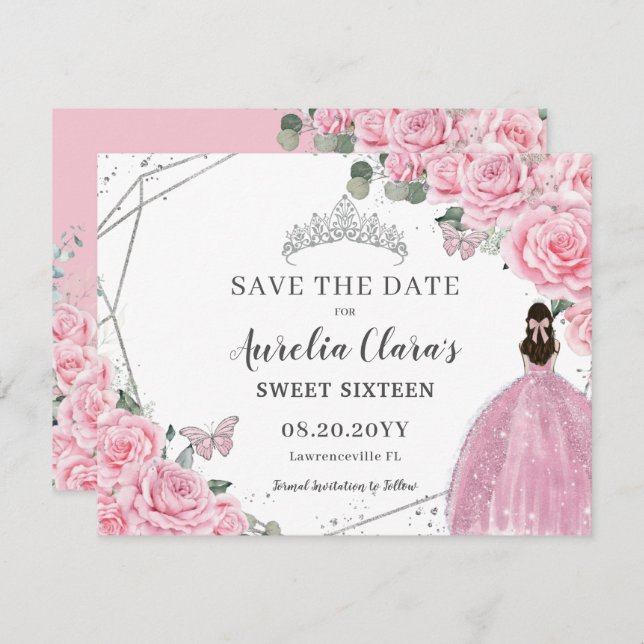 Chic Pink Floral Silver Quinceanera Sweet Sixteen Save The Date (Front/Back)
