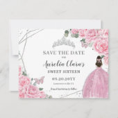 Chic Pink Floral Silver Quinceanera Sweet Sixteen Save The Date (Front)