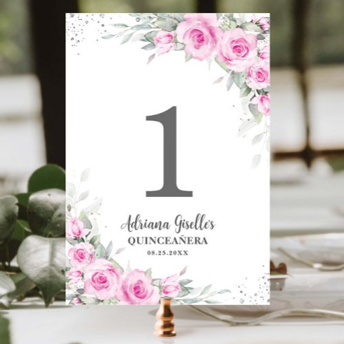 Chic Pink Floral Silver Quinceañera XV Sweet 16