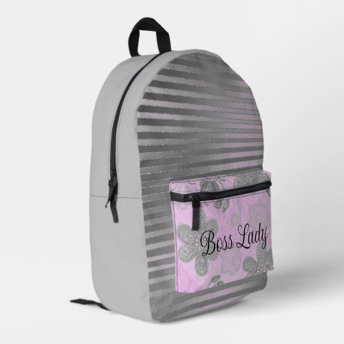 Chic Pink Floral Silver Stripes Boss Lady  Printed Backpack
