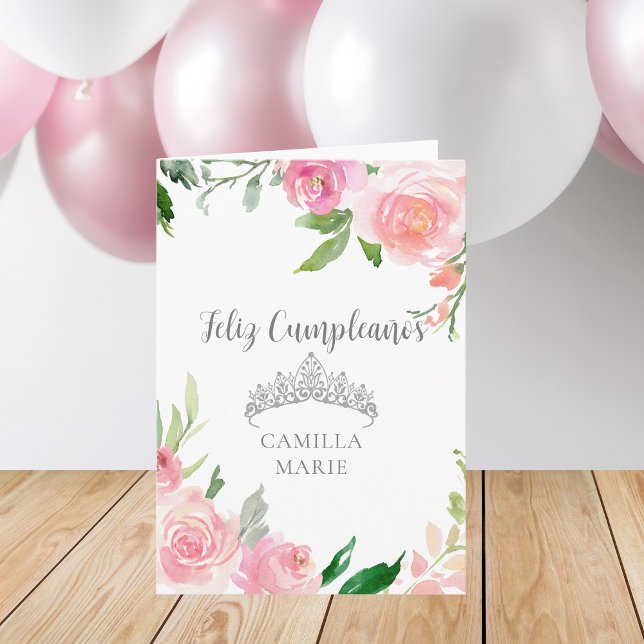 Chic Pink Floral Silver Tiara Feliz Cumpleaños Card (Creator Uploaded)