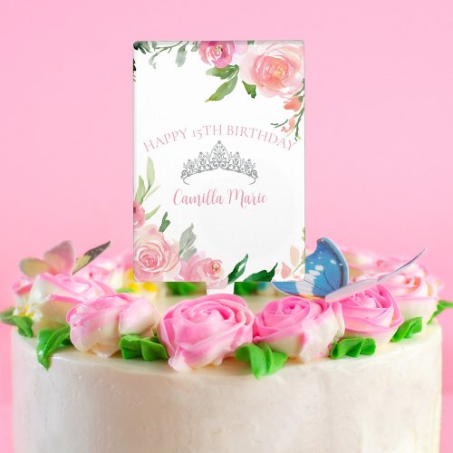Chic Pink Floral Silver Tiara Quinceaera Birthday Cake Topper