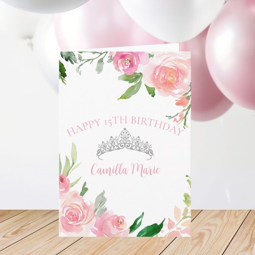 Chic Pink Floral Silver Tiara Quinceaera Birthday Card