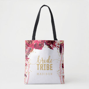 Chic Pink Floral Stripes Gold Confetti Bride Tribe Tote Bag