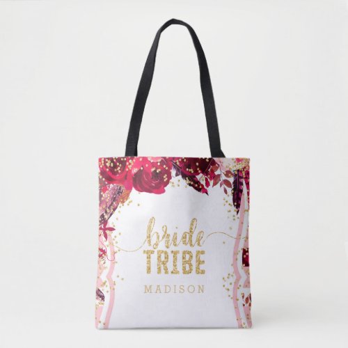 Chic Pink Floral Stripes Gold Confetti Bride Tribe Tote Bag