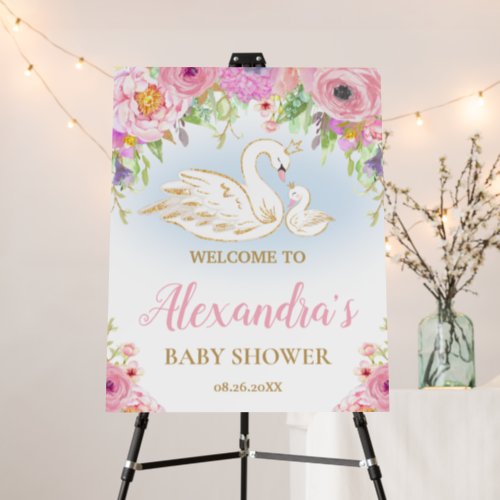 Chic Pink Floral Swans Baby Shower Large Welcome Foam Board