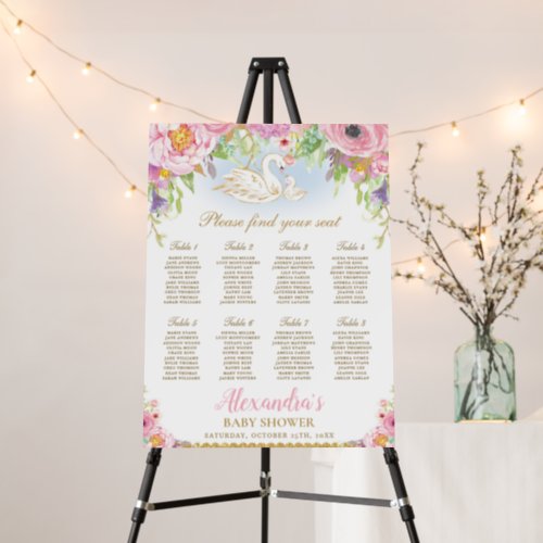 Chic Pink Floral Swans Baby Shower Seating Chart  Foam Board