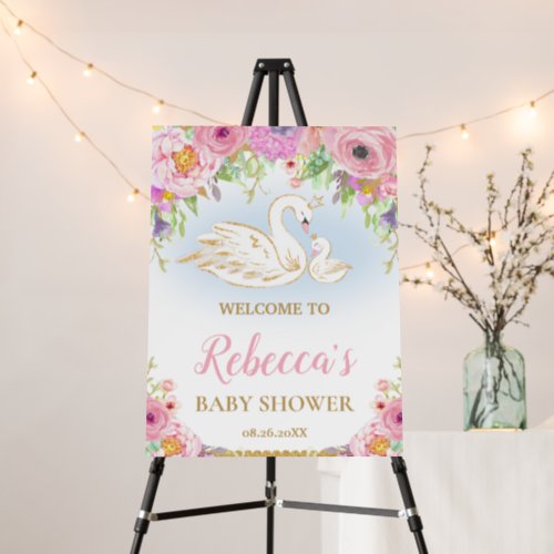 Chic Pink Floral Swans Baby Shower Welcome  Foam Board