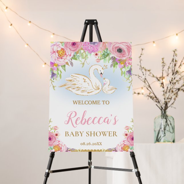 Chic Pink Floral Swans Baby Shower Welcome  Foam Board (In Situ (Stand))