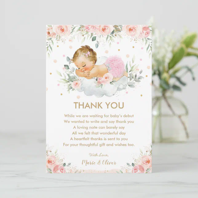 Chic Pink Floral Sweet Baby Girl Shower Birthday Thank You Card | Zazzle
