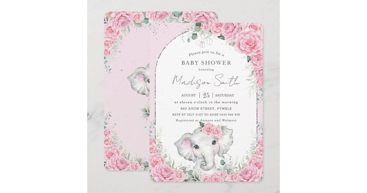 Chic Pink Floral Sweet Elephant Baby Shower Invitation | Zazzle