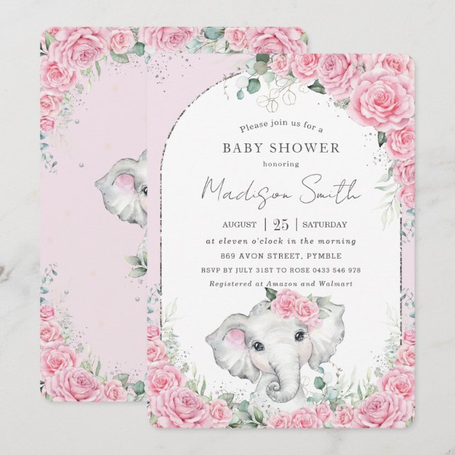 Chic Pink Floral Sweet Elephant Baby Shower Invitation (Front/Back)