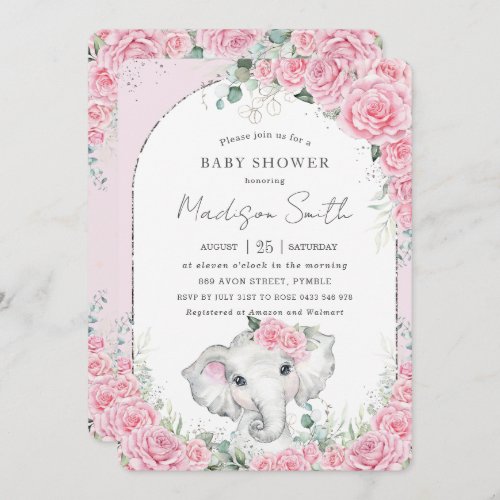 Chic Pink Floral Sweet Elephant Baby Shower Invitation