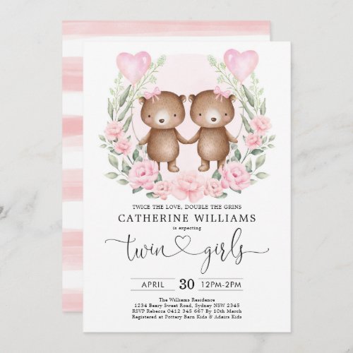 Chic Pink Floral Teddy Bear Twin Girls Baby Shower Invitation