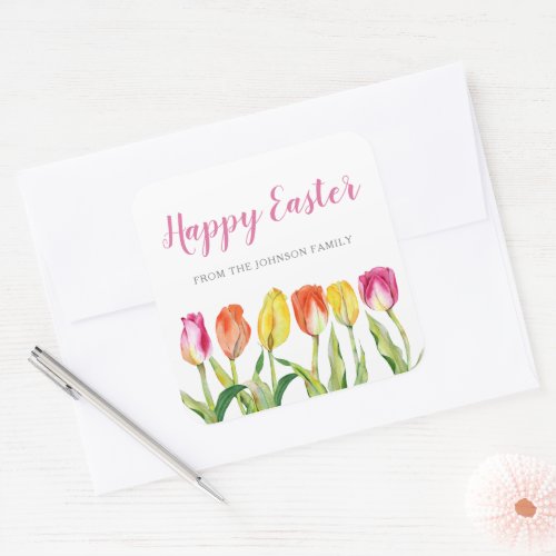 Chic Pink Floral Tulips Happy Easter  Square Sticker