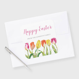 Chic Pink Floral Tulips Happy Easter  Square Sticker