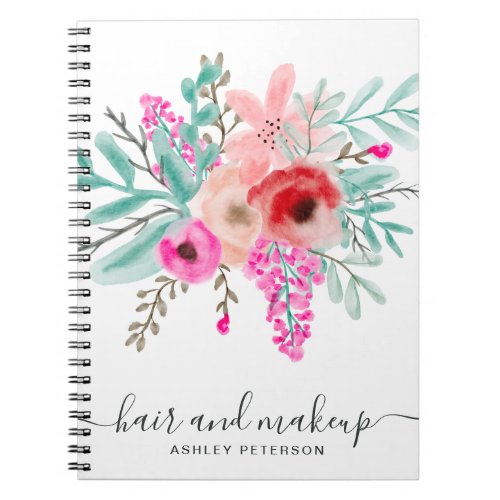 Chic pink floral watercolor botanical hair makeup notebook