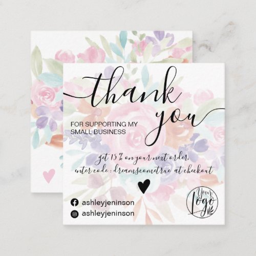 Chic pink floral watercolor girly order thank you square business card