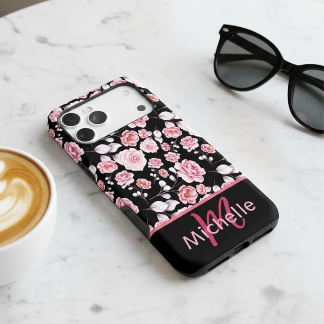 Chic Pink Floral Watercolor Patten Monogram Black Case-Mate iPhone Case (Creator Uploaded)