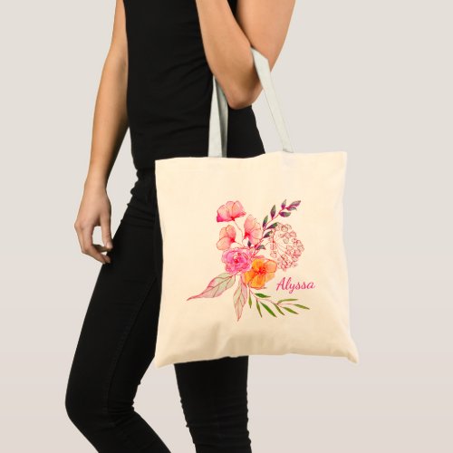 Chic Pink Floral Watercolor Personalized Name Tote Bag