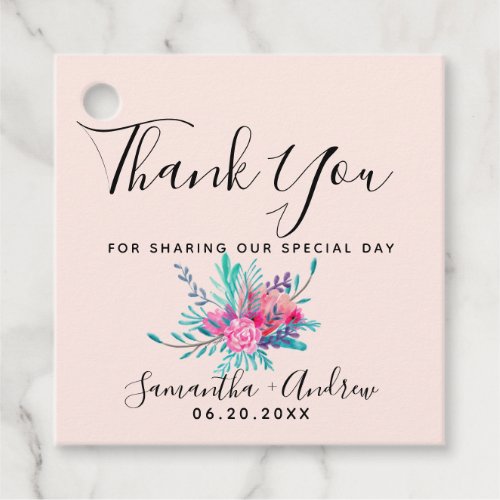 Chic Pink floral watercolor thank you wedding Favor Tags