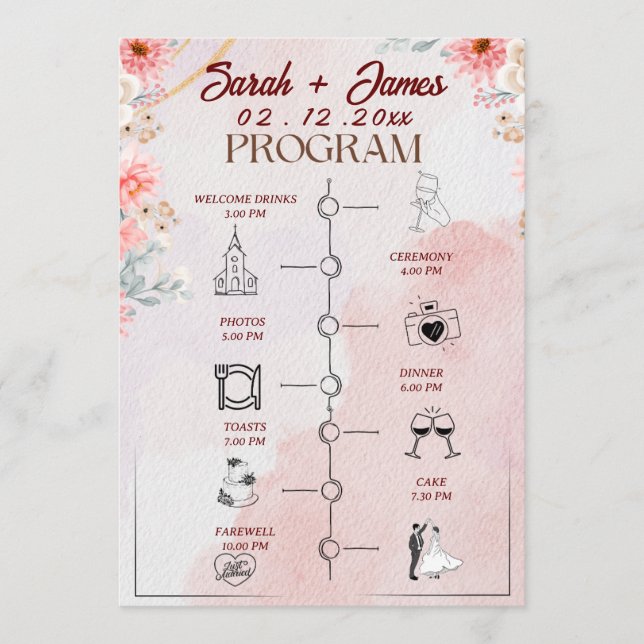 Chic Pink Floral Wedding Program (Front)
