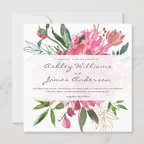 Chic Pink Floral White Wedding Invitation