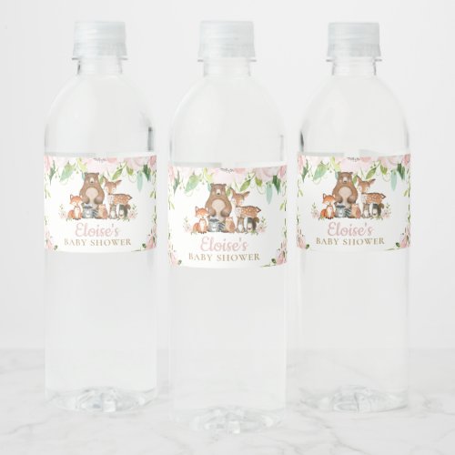 Chic Pink Floral Woodland Animals Baby Shower Water Bottle Label