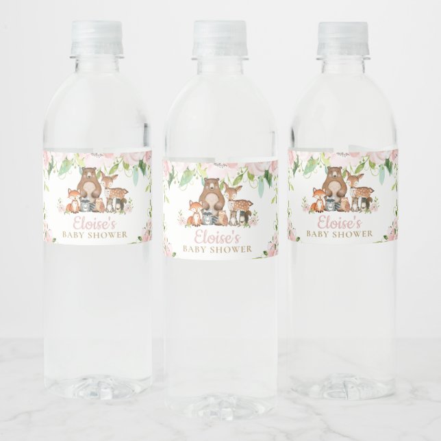 Chic Pink Floral Woodland Animals Baby Shower Water Bottle Label (Bottles)