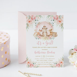 Chic Pink Floral Woodland Animals Girl Baby Shower Invitation