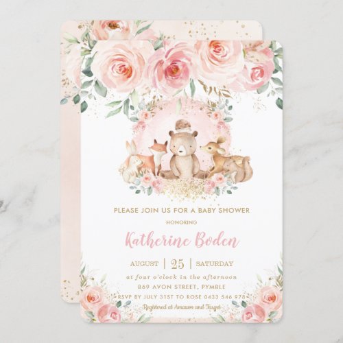Chic Pink Floral Woodland Animals Girl Baby Shower Invitation