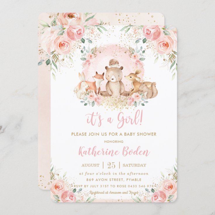 Chic Pink Floral Woodland Animals Girl Baby Shower Invitation 